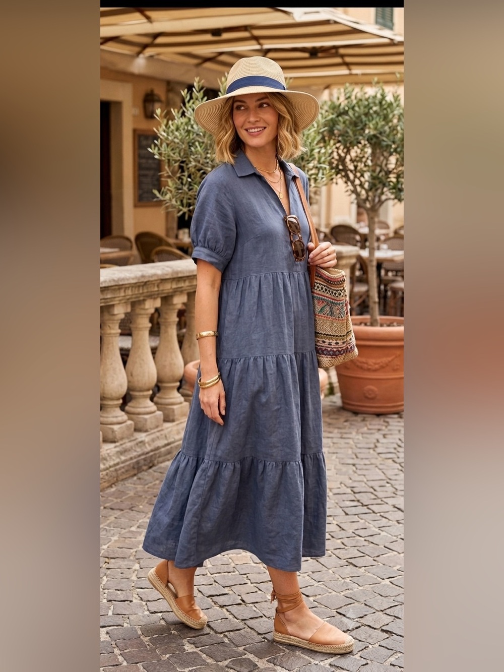 Like New Neuflora Salzburg 100% Linen Maxi Tiered Dress In Denim Blue-Size M